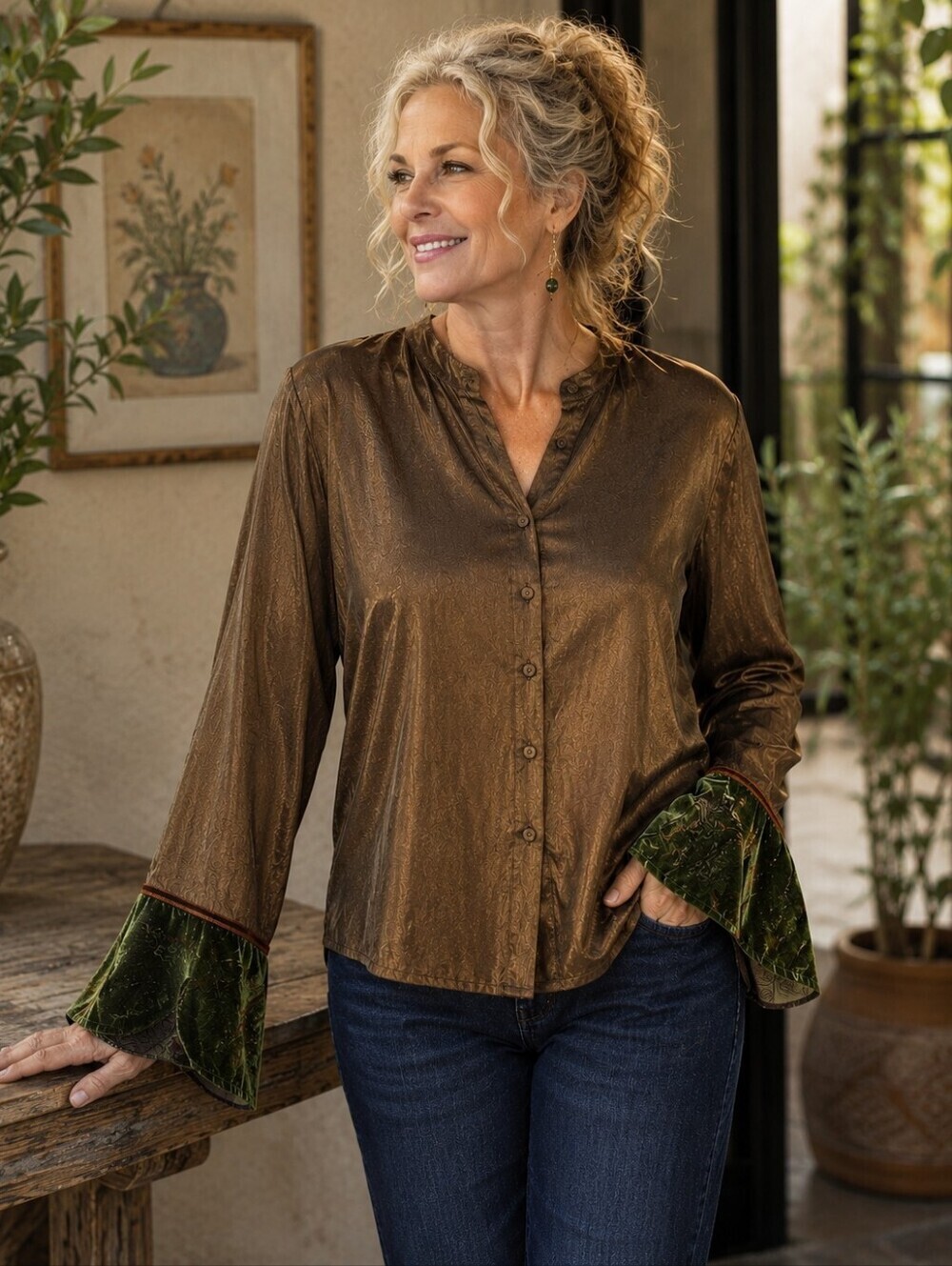 April Cornell Silky Blouse XL Brown Green Velvet Cuffs Boho Cottagecore